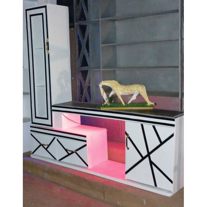 🖤 Refined 5FT Black & White Wooden TV Stand – Glass-Door Side Cabinet, Geometric Accent Lines, Built-In LED Lighting & Storage