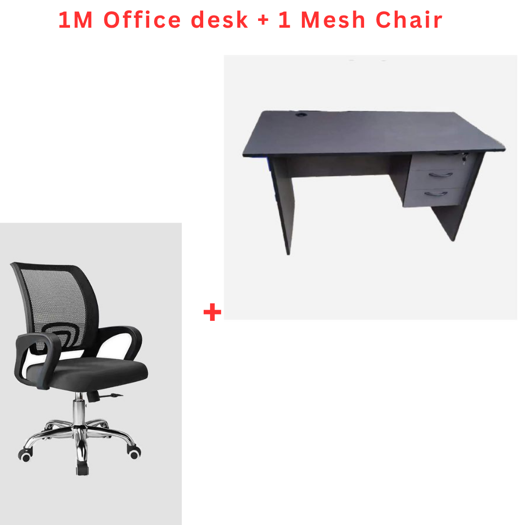 ⭐ Smart 1M Office Desk & Ergonomic Mesh Chair Set – Wooden Study Table with 3 Storage Drawers and Black Swivel Chair