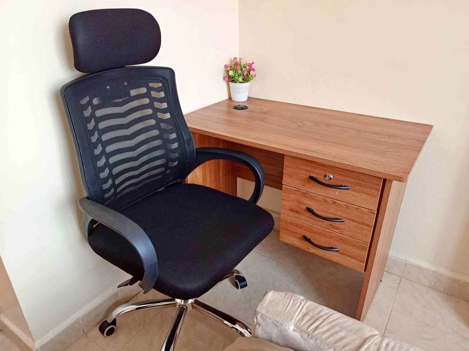 ⭐ Premium 1.2M Office Desk & Chair with Headrest – Spacious Wooden Study Computer Table with 3-Drawer Lockable Cabinet & Cable Management