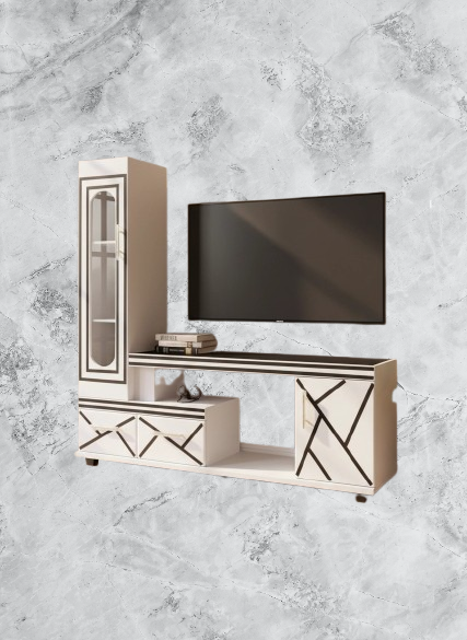 🖤 Refined 5FT Black & White Wooden TV Stand – Glass-Door Side Cabinet, Geometric Accent Lines, Built-In LED Lighting & Storage