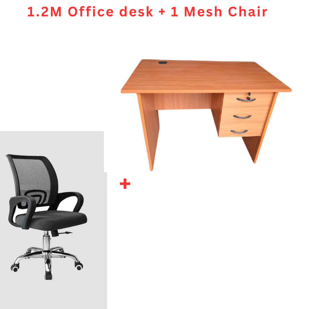 ⭐ 💼 Professional 1.2M Office Desk & Ergonomic Mesh Chair Set – Spacious Wooden Study Table with 3 Storage Drawers and Black Swivel Chair