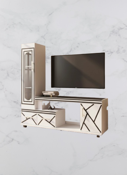 🖤 Refined 5FT Black & White Wooden TV Stand – Glass-Door Side Cabinet, Geometric Accent Lines, Built-In LED Lighting & Storage