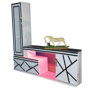 🖤 Refined 5FT Black & White Wooden TV Stand – Glass-Door Side Cabinet, Geometric Accent Lines, Built-In LED Lighting & Storage