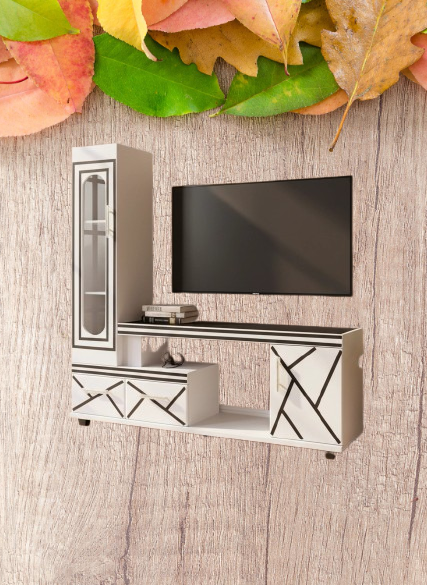 🖤 Refined 5FT Black & White Wooden TV Stand – Glass-Door Side Cabinet, Geometric Accent Lines, Built-In LED Lighting & Storage