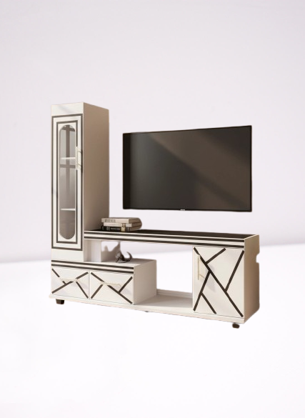 🖤 Refined 5FT Black & White Wooden TV Stand – Glass-Door Side Cabinet, Geometric Accent Lines, Built-In LED Lighting & Storage