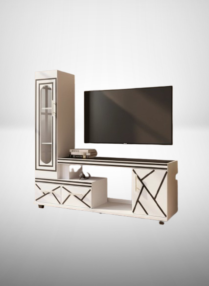 🖤 Refined 5FT Black & White Wooden TV Stand – Glass-Door Side Cabinet, Geometric Accent Lines, Built-In LED Lighting & Storage