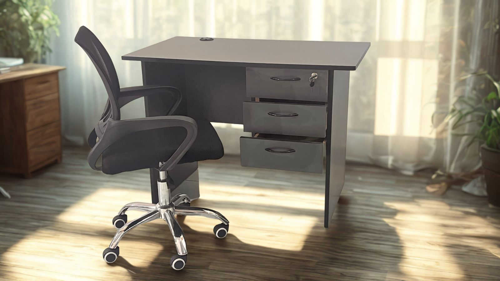 ⭐ 💼 Professional 1.2M Office Desk & Ergonomic Mesh Chair Set – Spacious Wooden Study Table with 3 Storage Drawers and Black Swivel Chair