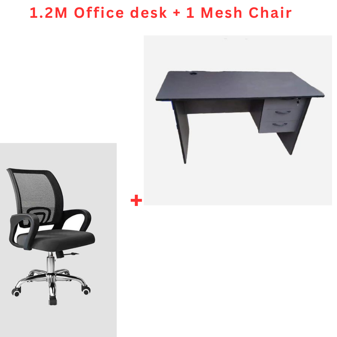 ⭐ 💼 Professional 1.2M Office Desk & Ergonomic Mesh Chair Set – Spacious Wooden Study Table with 3 Storage Drawers and Black Swivel Chair