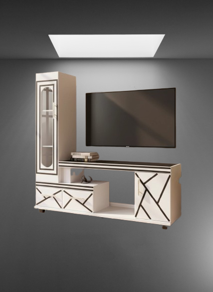 🖤 Refined 5FT Black & White Wooden TV Stand – Glass-Door Side Cabinet, Geometric Accent Lines, Built-In LED Lighting & Storage