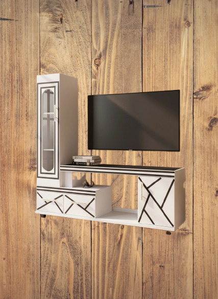 🖤 Refined 5FT Black & White Wooden TV Stand – Glass-Door Side Cabinet, Geometric Accent Lines, Built-In LED Lighting & Storage