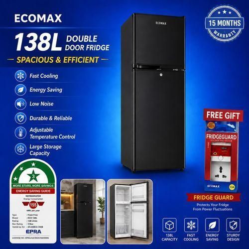 Ecomax BD-138 138L Double Door Fridge, Ecomax 138 Litres Refrigerator, Ecomax Black Fridge, 138L Double Door Refrigerator, Compact Fridge, Ecomax Refrigerator, Home Office Fridge