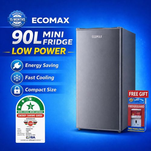 Ecomax 90L Single Door Fridge, Ecomax 90 Litres Refrigerator, 90L Energy Saving Fridge, 3 Star Fridge, Ecomax Mini Fridge, Compact Refrigerator, Grey Fridge, Fridge Guard