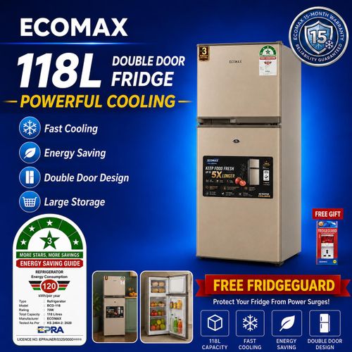 Ecomax 118L Double Door Fridge, Ecomax 118 Litres Refrigerator, 118L Fridge, Double Door Refrigerator, Compact Fridge, Energy Saving Fridge, 3 Star Fridge, Apartment Office Fridge
