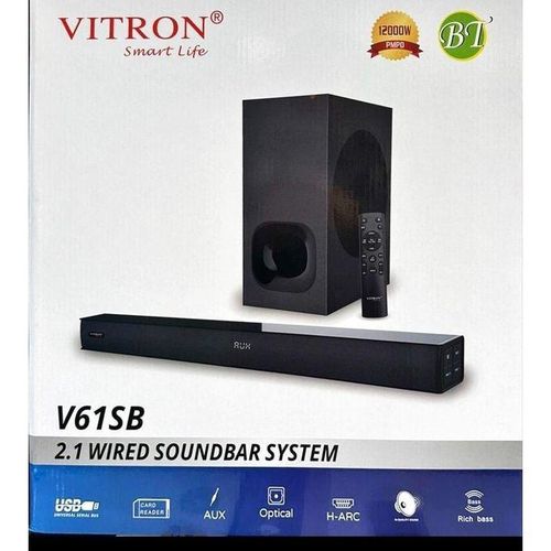 Vitron V61SB 2.1CH Soundbar 12000W PMPO with Bluetooth, HDMI ARC, USB, Optical, AUX, FM Radio, Deep Bass Subwoofer & Remote Control – Black