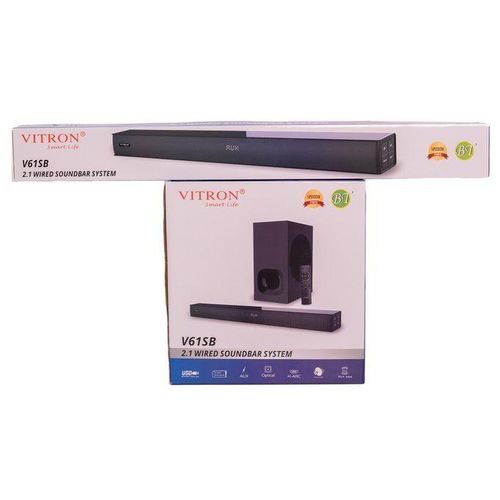 Vitron V61SB 2.1CH Soundbar 12000W PMPO with Bluetooth, HDMI ARC, USB, Optical, AUX, FM Radio, Deep Bass Subwoofer & Remote Control – Black