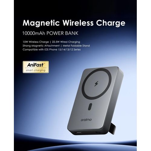 Oraimo MagPower 15 10000mAh Magnetic Wireless Power Bank, 15W Wireless Charging, 22.5W Wired Fast Charge, Strong Magnetic Attachment, Foldable Stand, USB-C & USB-A