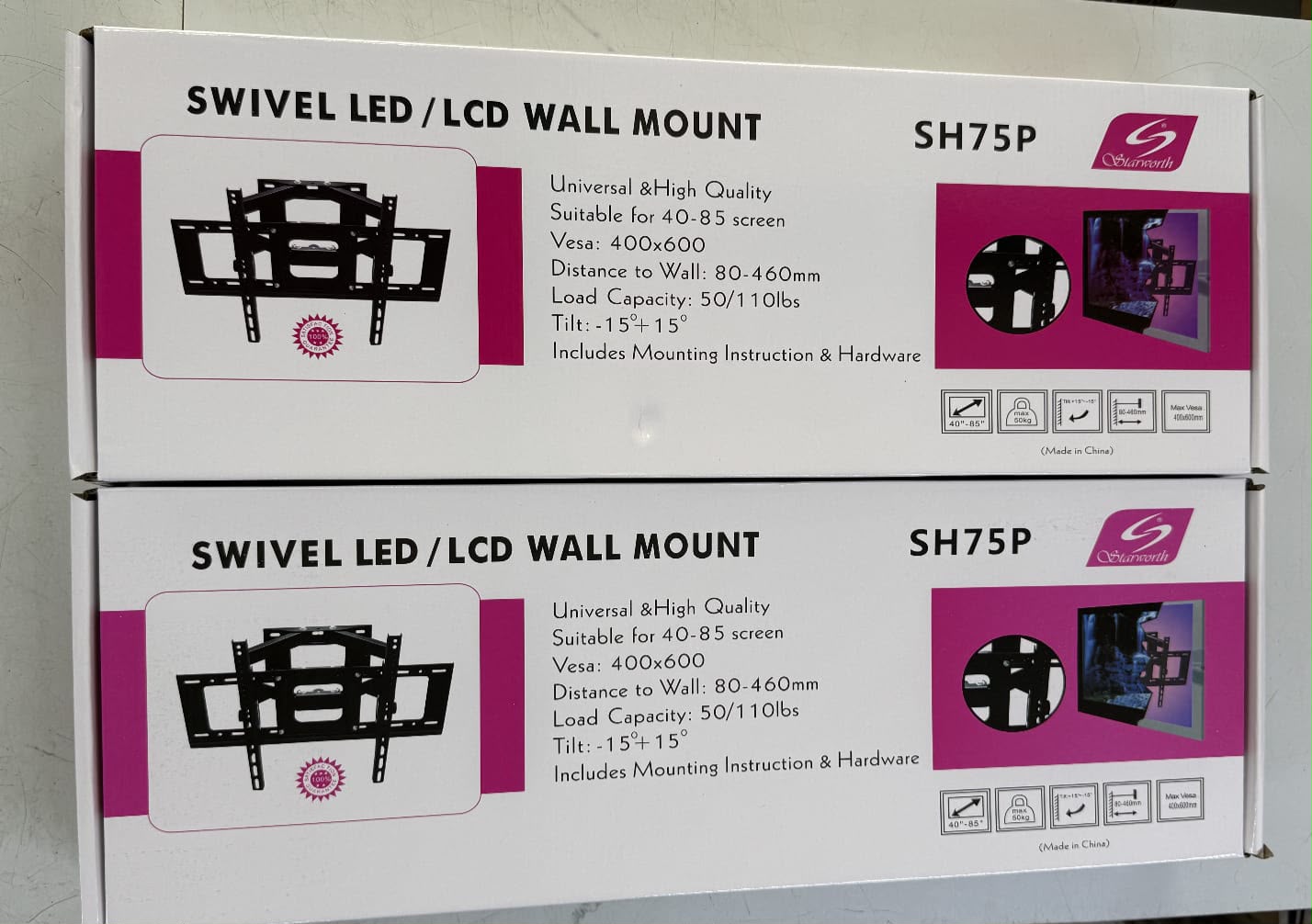 SH75P Strong Double Arm LED LCD Wall Mount Bracket For 40 To 85 Inch Screens Heavy Duty Adjustable Television Holder Secure Durable Tilting Swiveling TV Mounting Solution