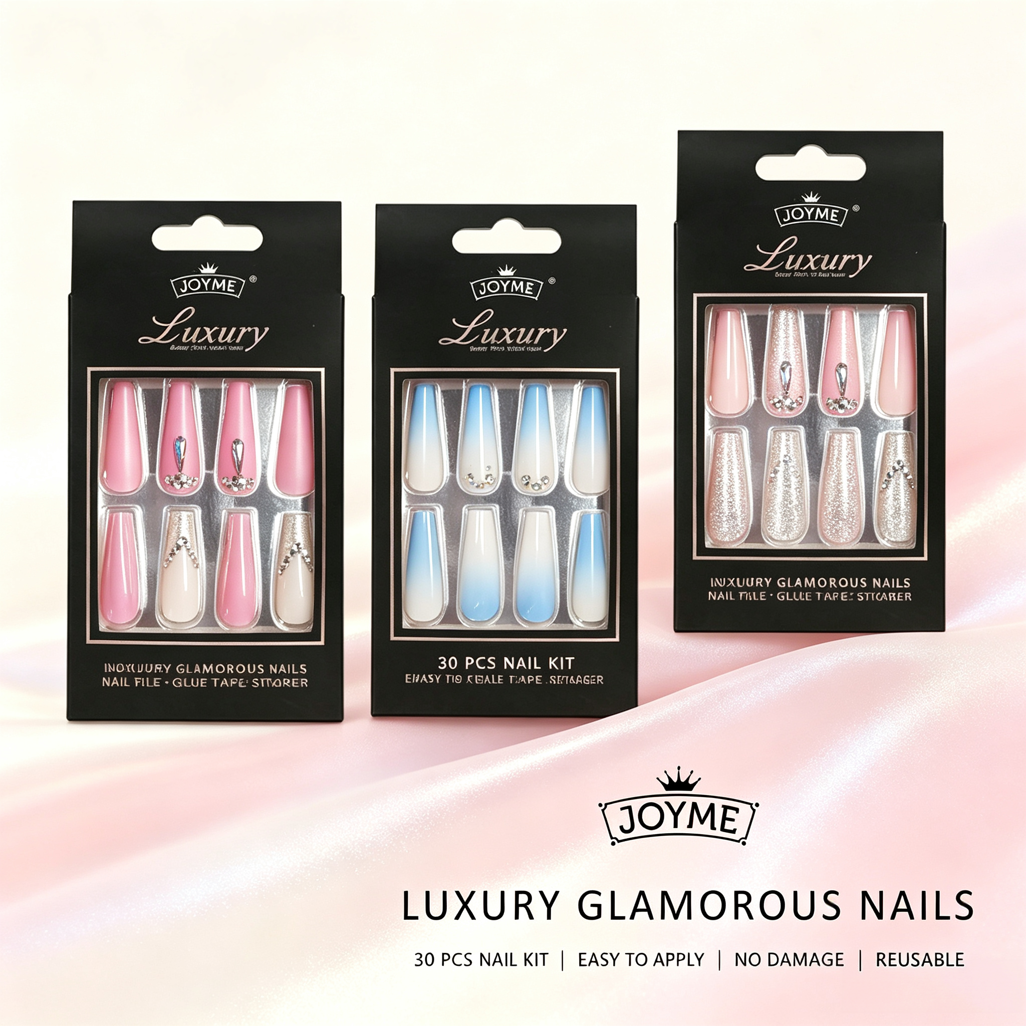 30Pcs Press-On False Nail Set, Boxed with Full Accessories, Long Coffin Shape Nail Tips, Rhinestone/Printed Design, Reusable view 3