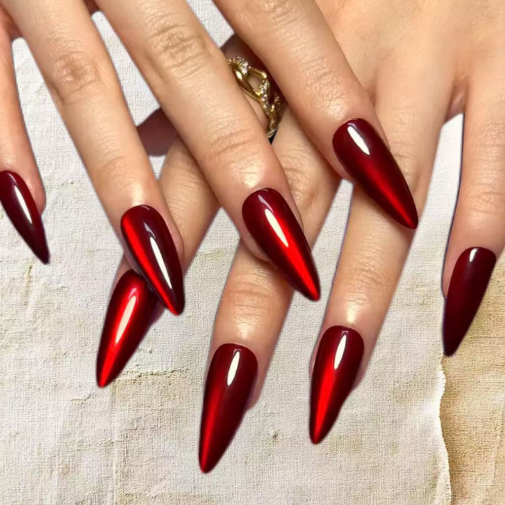 24Pcs Red Sparkly Cat Eye Press On Nails, Halloween Hot Style Exquisite Almond False Nails for Women view 6