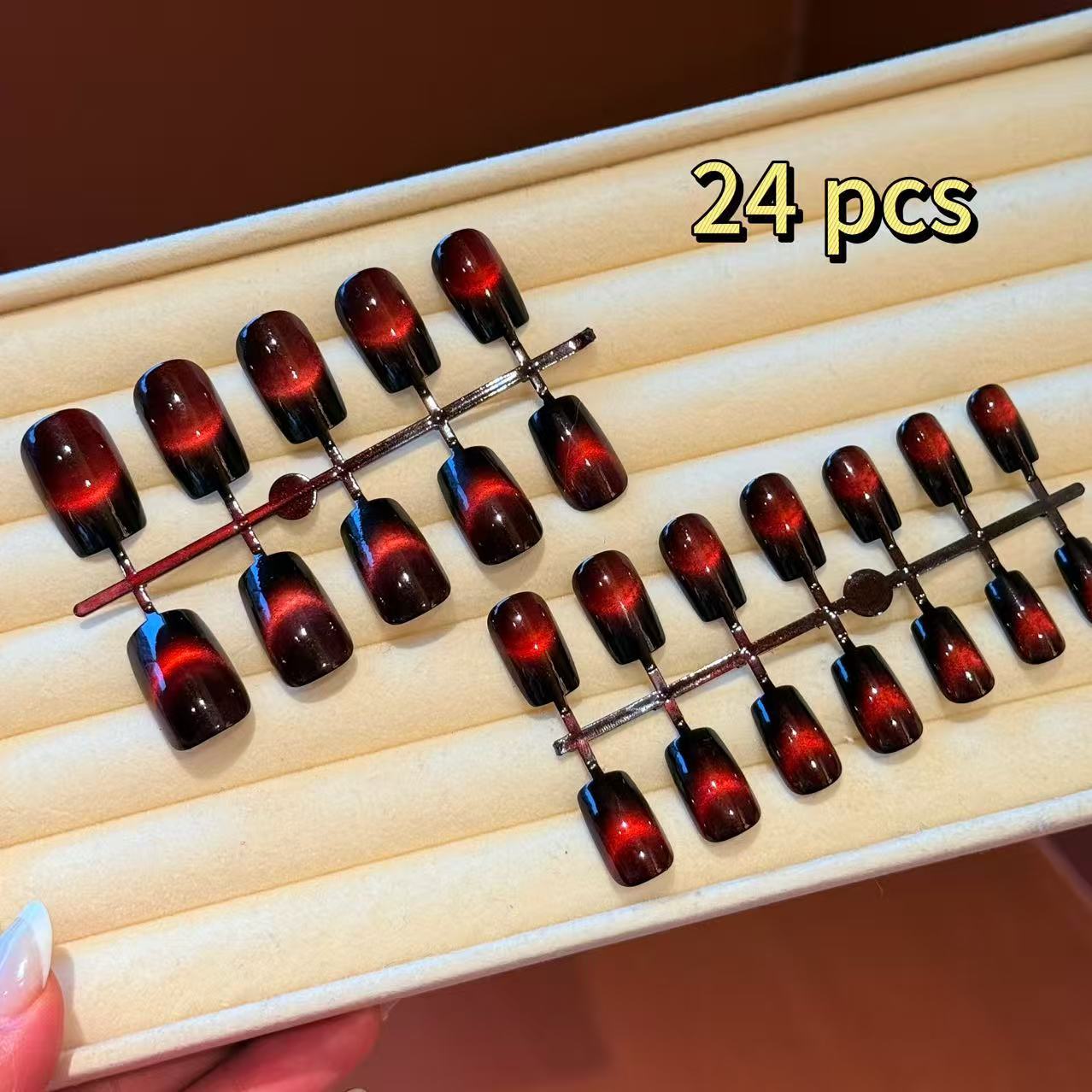 24Pcs Fall Winter Black Red Smile Line Cat Eye Press On Nails, Sparkly Luxury Minimalist Medium Square False Nails for Women view 3