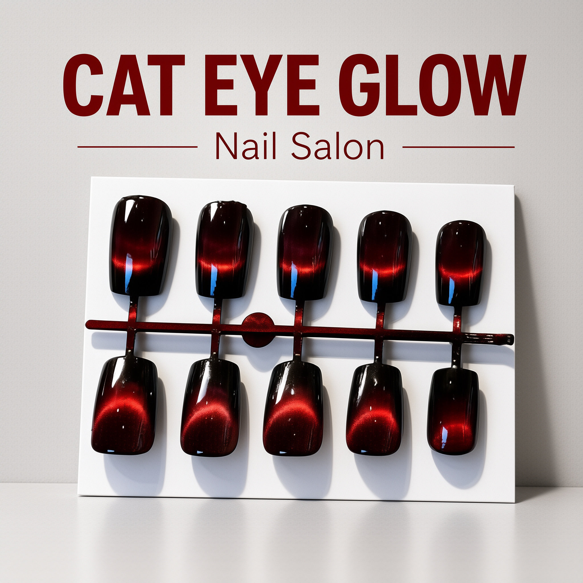 24Pcs Fall Winter Black Red Smile Line Cat Eye Press On Nails, Sparkly Luxury Minimalist Medium Square False Nails for Women view 2