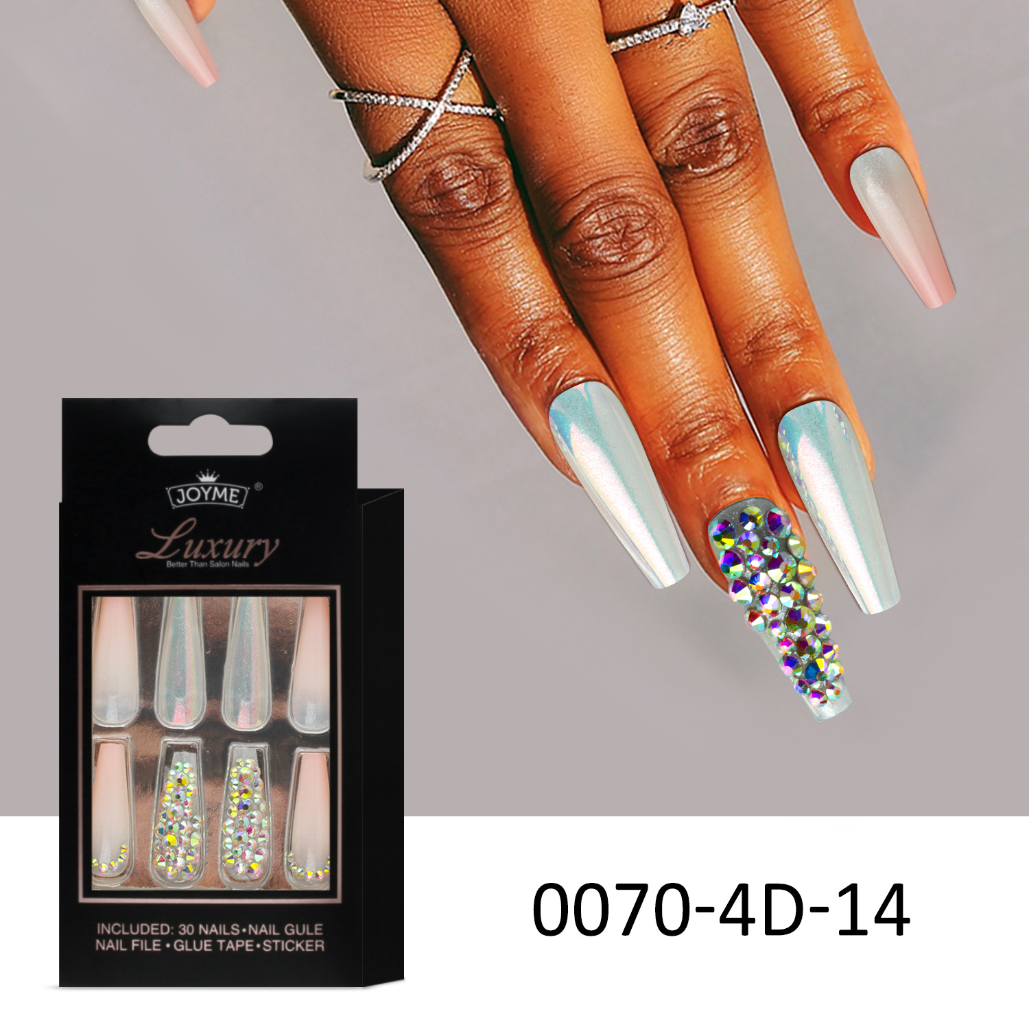 30Pcs Press-On False Nail Set, Boxed with Full Accessories, Long Coffin Shape Nail Tips, Rhinestone/Printed Design, Reusable view 7