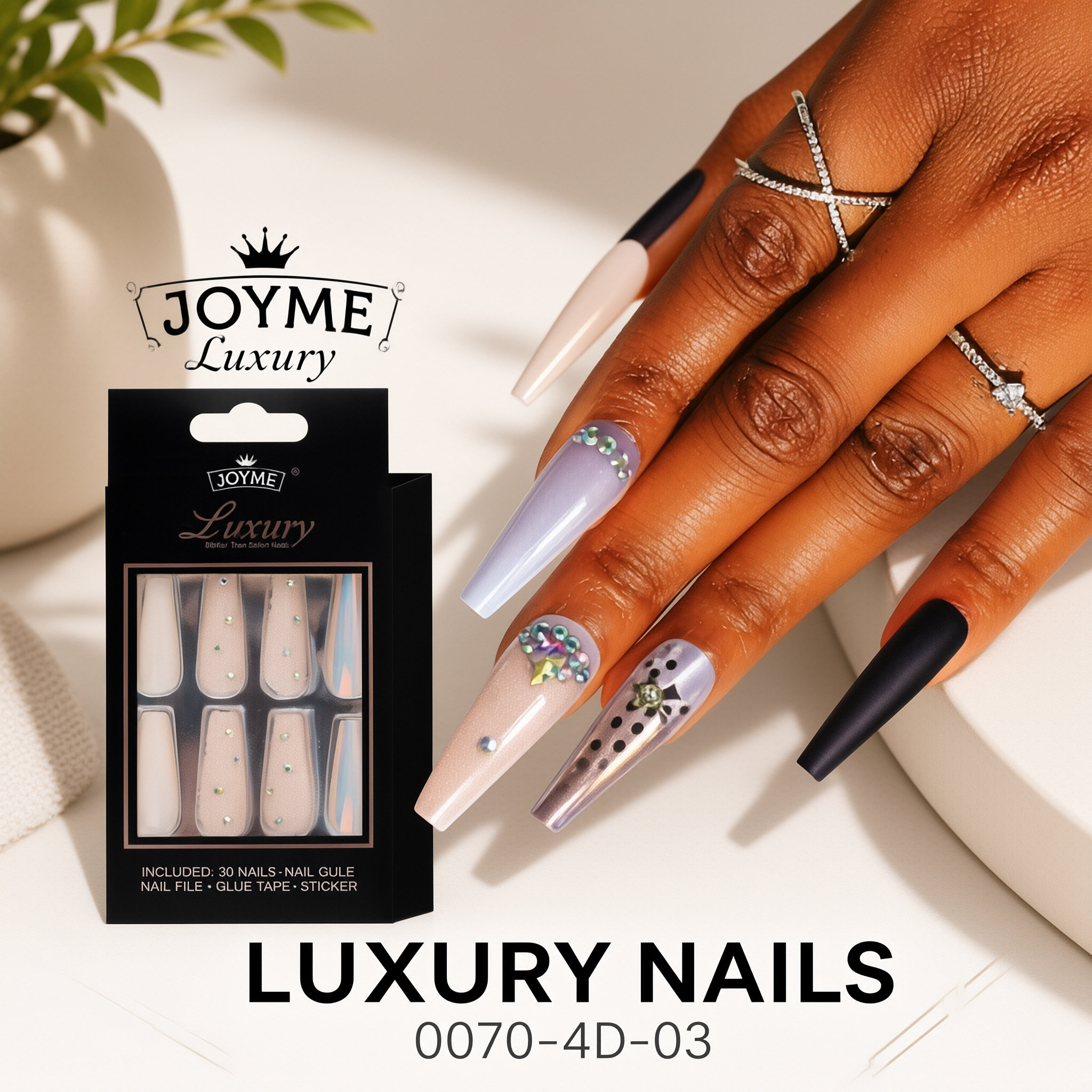 30Pcs Press-On False Nail Set, Boxed with Full Accessories, Long Coffin Shape Nail Tips, Rhinestone/Printed Design, Reusable view 6