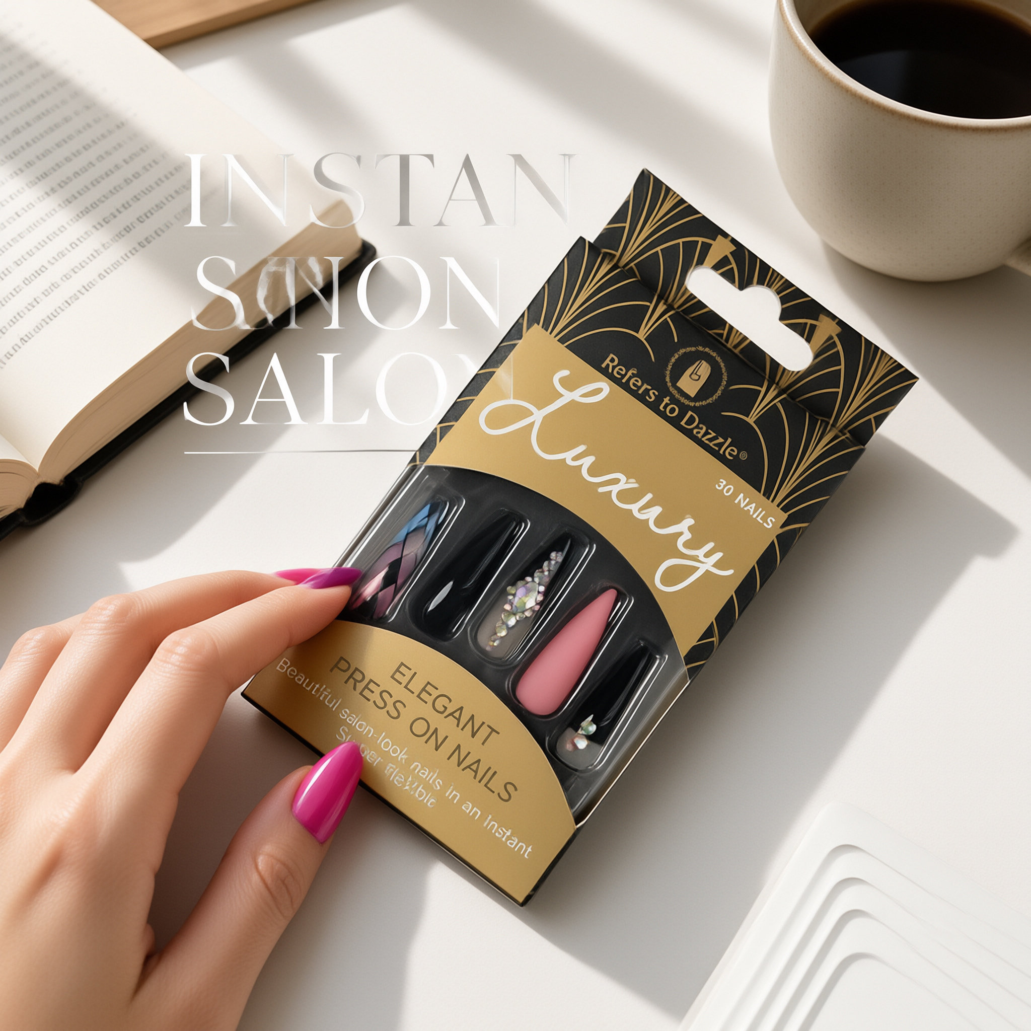 30Pcs Press-On False Nail Set, Boxed with Full Accessories, Long Coffin Shape Nail Tips, Rhinestone/Printed Design, Reusable view 2