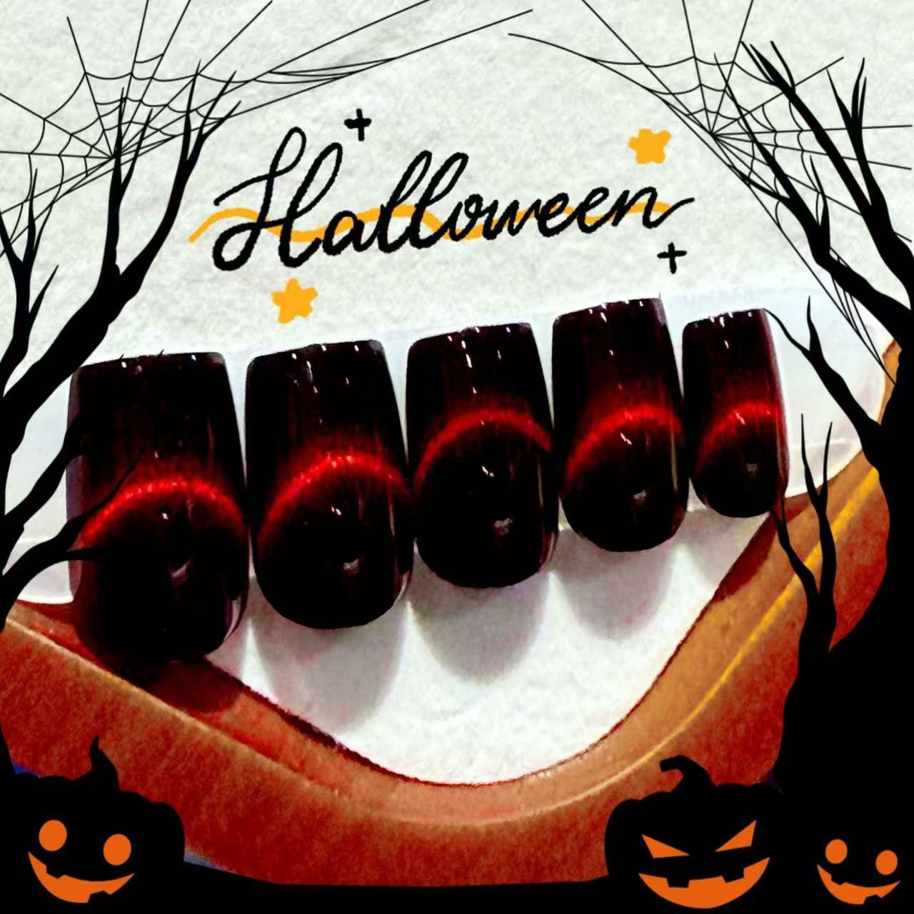 24Pcs Fall Winter Black Red Smile Line Cat Eye Press On Nails, Sparkly Luxury Minimalist Medium Square False Nails for Women