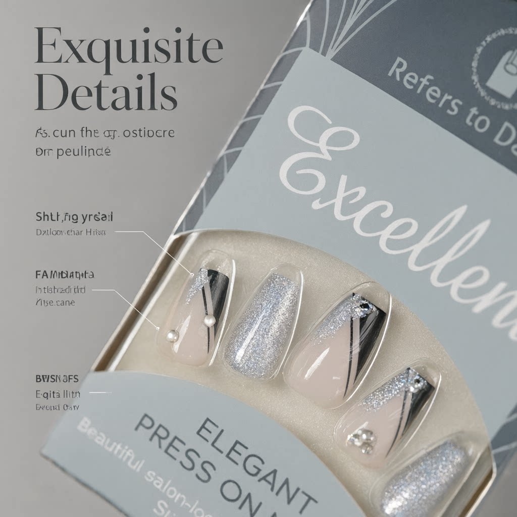 30Pcs Press-On False Nail Set, Boxed with Full Accessories, Long Coffin Shape Nail Tips, Rhinestone/Printed Design, Reusable view 3