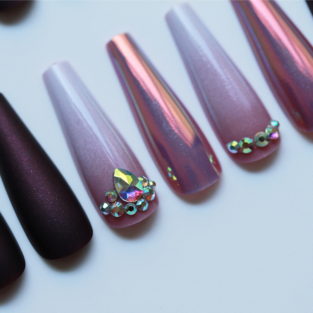 30Pcs Press-On False Nail Set, Boxed with Full Accessories, Long Coffin Shape Nail Tips, Rhinestone/Printed Design, Reusable view 8