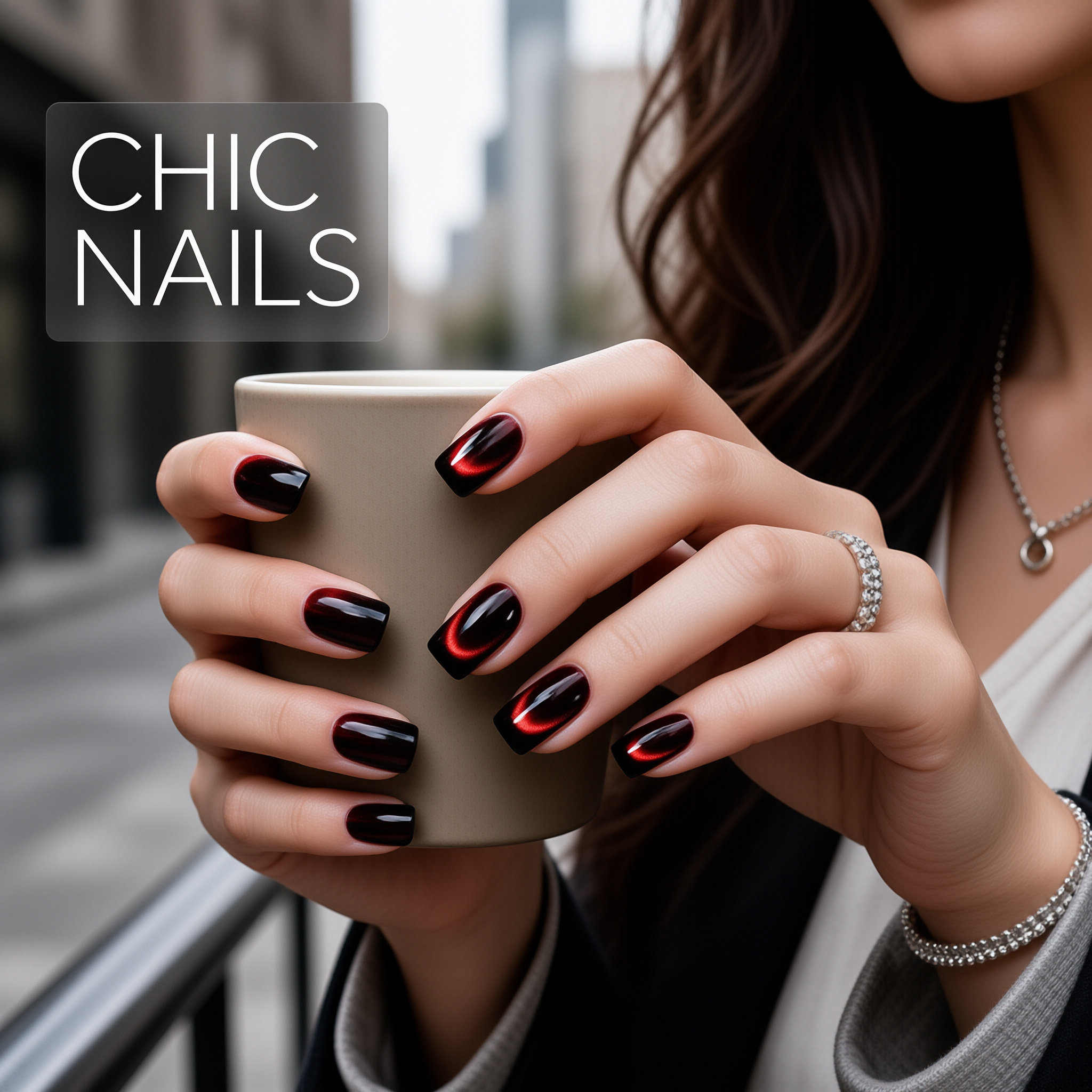 24Pcs Fall Winter Black Red Smile Line Cat Eye Press On Nails, Sparkly Luxury Minimalist Medium Square False Nails for Women view 6