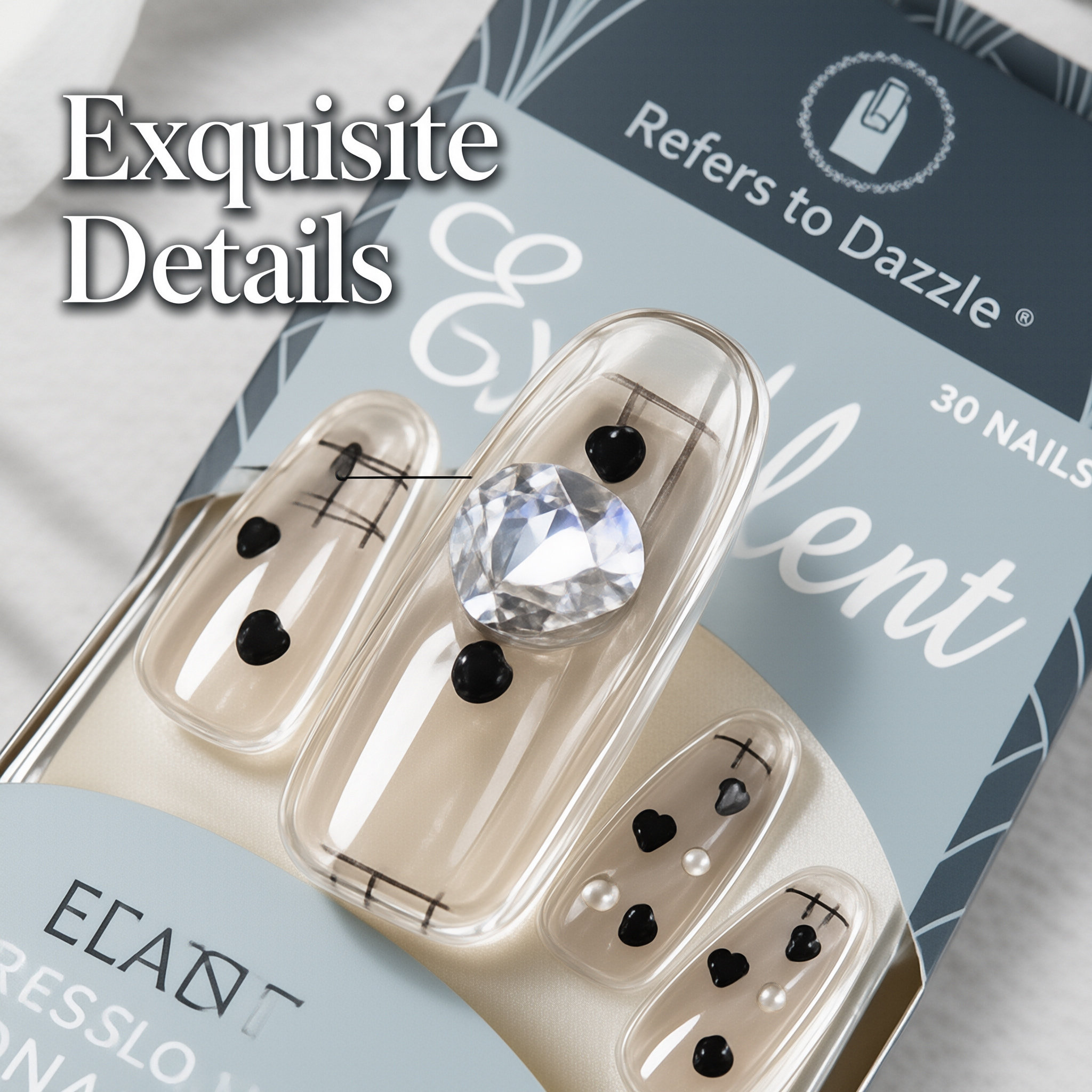 30Pcs Press-On False Nail Set, Boxed with Full Accessories, Long Coffin Shape Nail Tips, Rhinestone/Printed Design, Reusable view 2