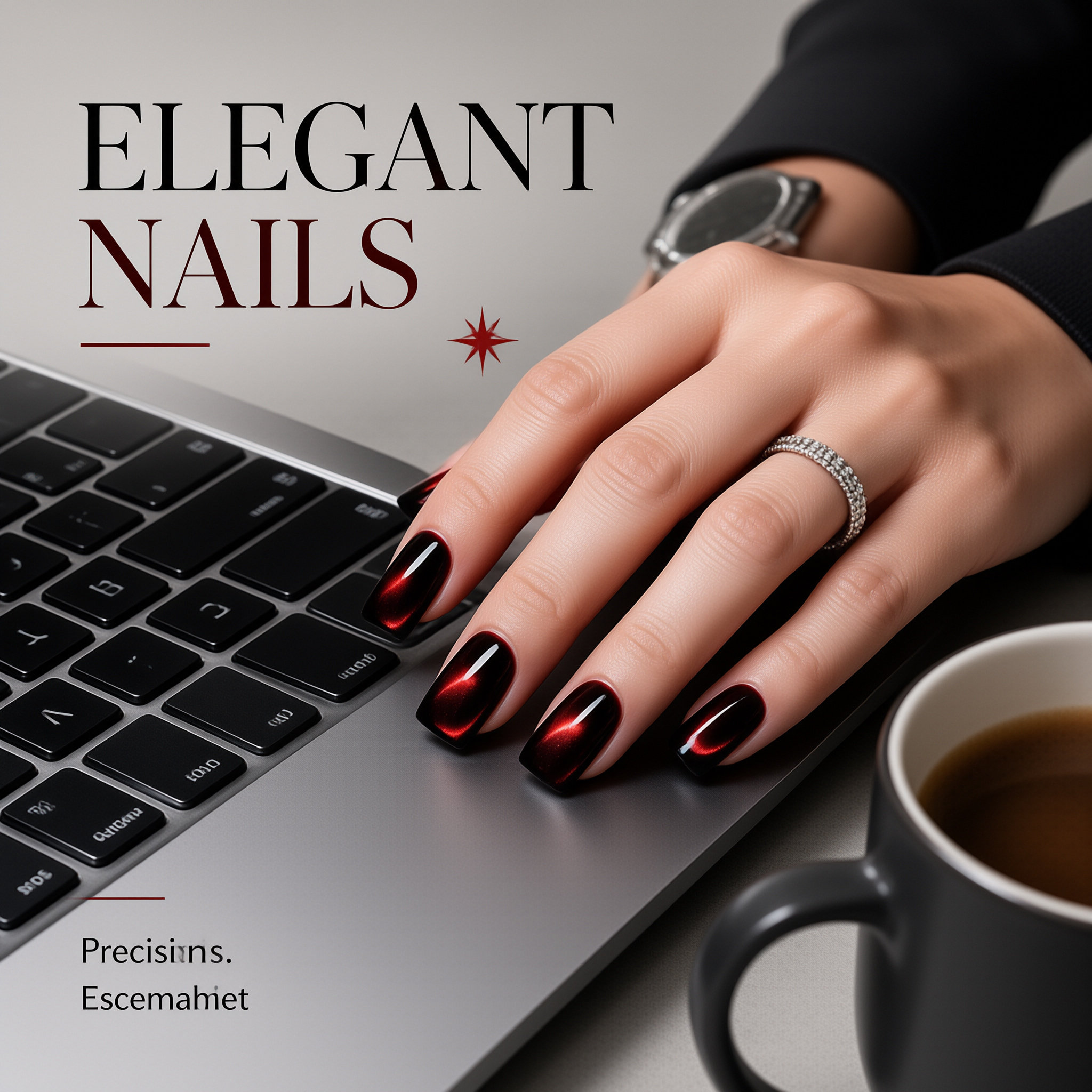 24Pcs Fall Winter Black Red Smile Line Cat Eye Press On Nails, Sparkly Luxury Minimalist Medium Square False Nails for Women view 5