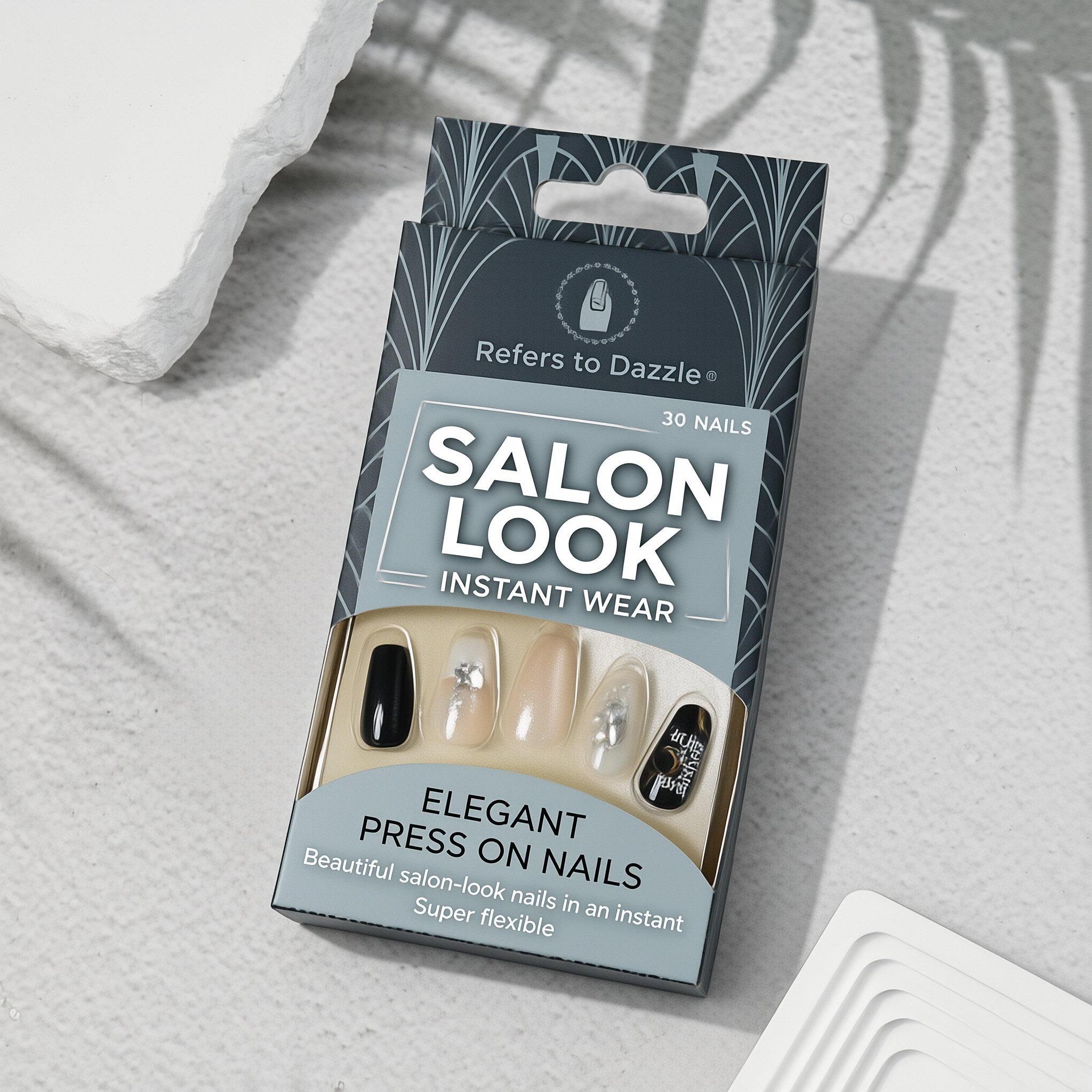 30Pcs Press-On False Nail Set, Boxed with Full Accessories, Long Coffin Shape Nail Tips, Rhinestone/Printed Design, Reusable view 3