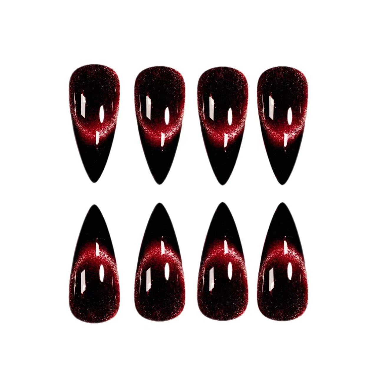 24Pcs New Fall Winter Black Red Smile Line Cat Eye Press On Nails, Sparkly Luxury Minimalist Medium Square False Nails for Women view 3