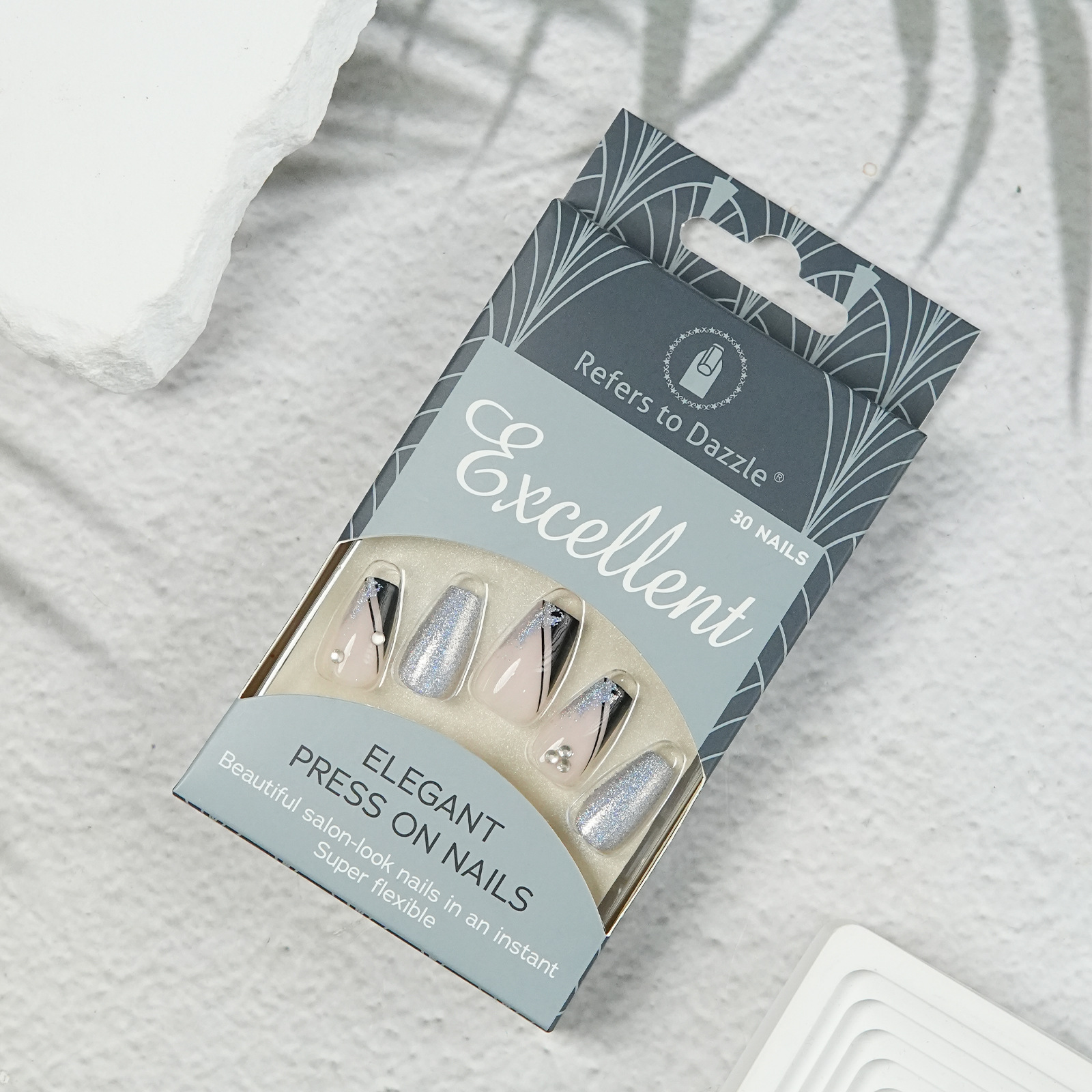 30Pcs Press-On False Nail Set, Boxed with Full Accessories, Long Coffin Shape Nail Tips, Rhinestone/Printed Design, Reusable view 9