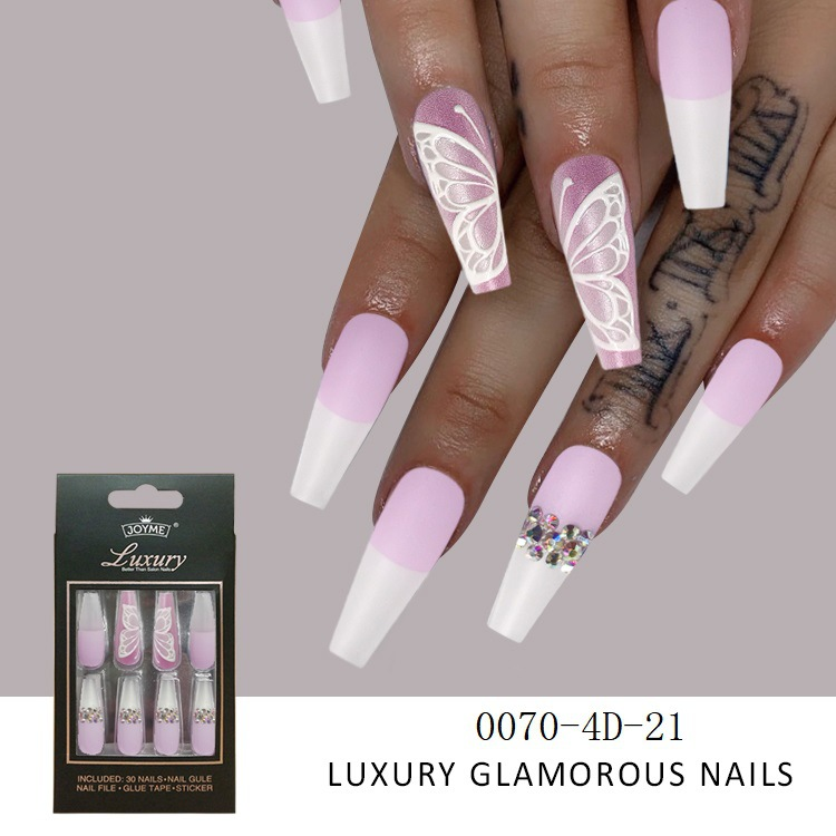30Pcs Press-On False Nail Set, Boxed with Full Accessories, Long Coffin Shape Nail Tips, Rhinestone/Printed Design, Reusable view 8