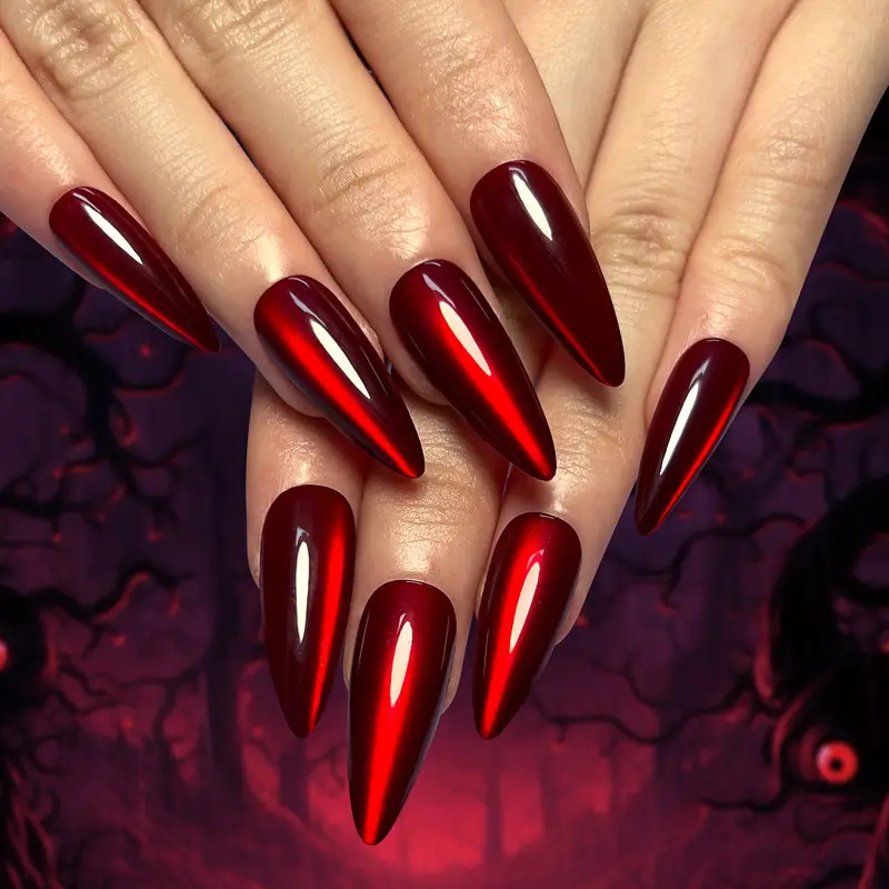 24Pcs Red Sparkly Cat Eye Press On Nails, Halloween Hot Style Exquisite Almond False Nails for Women view 7