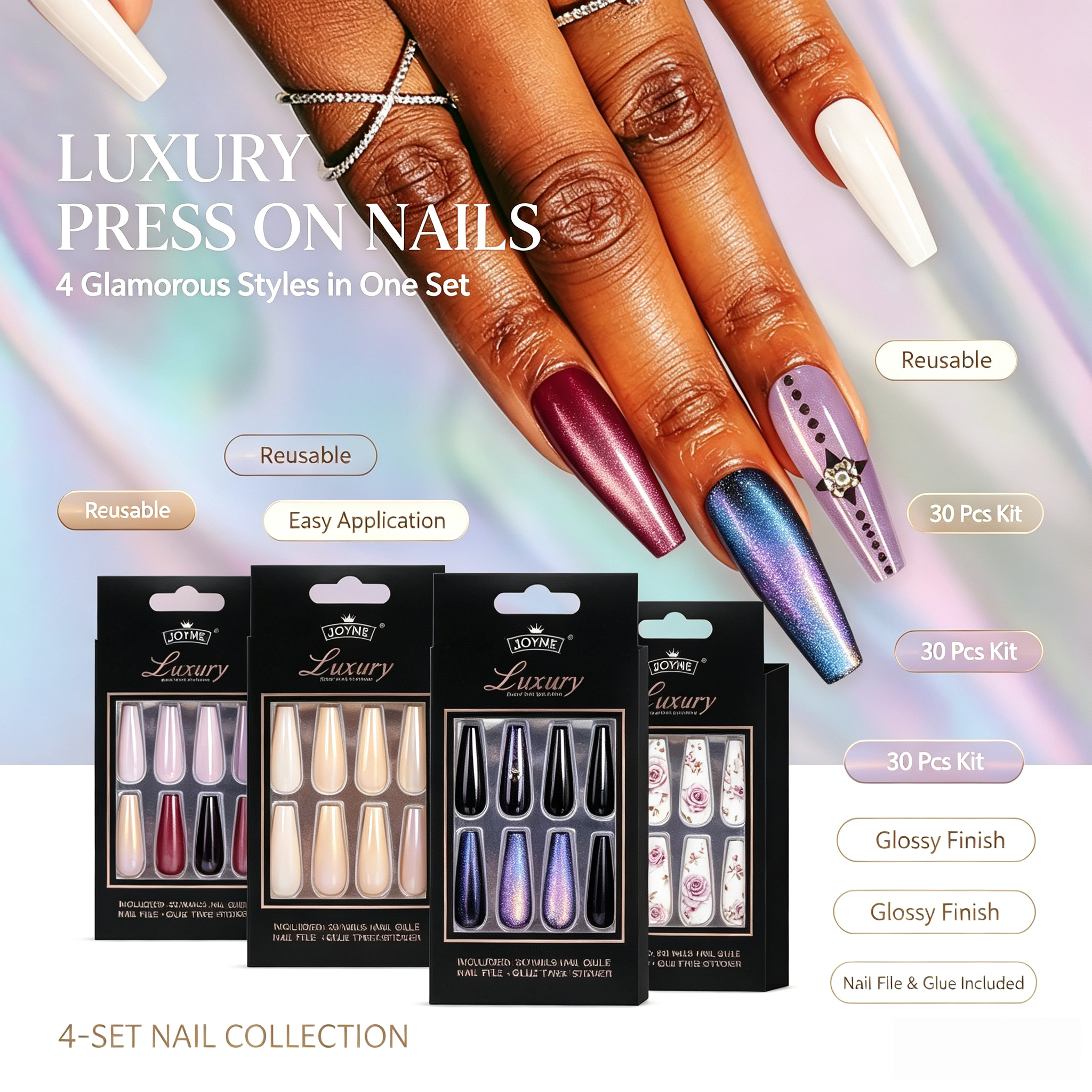 30Pcs Press-On False Nail Set, Boxed with Full Accessories, Long Coffin Shape Nail Tips, Rhinestone/Printed Design, Reusable view 3