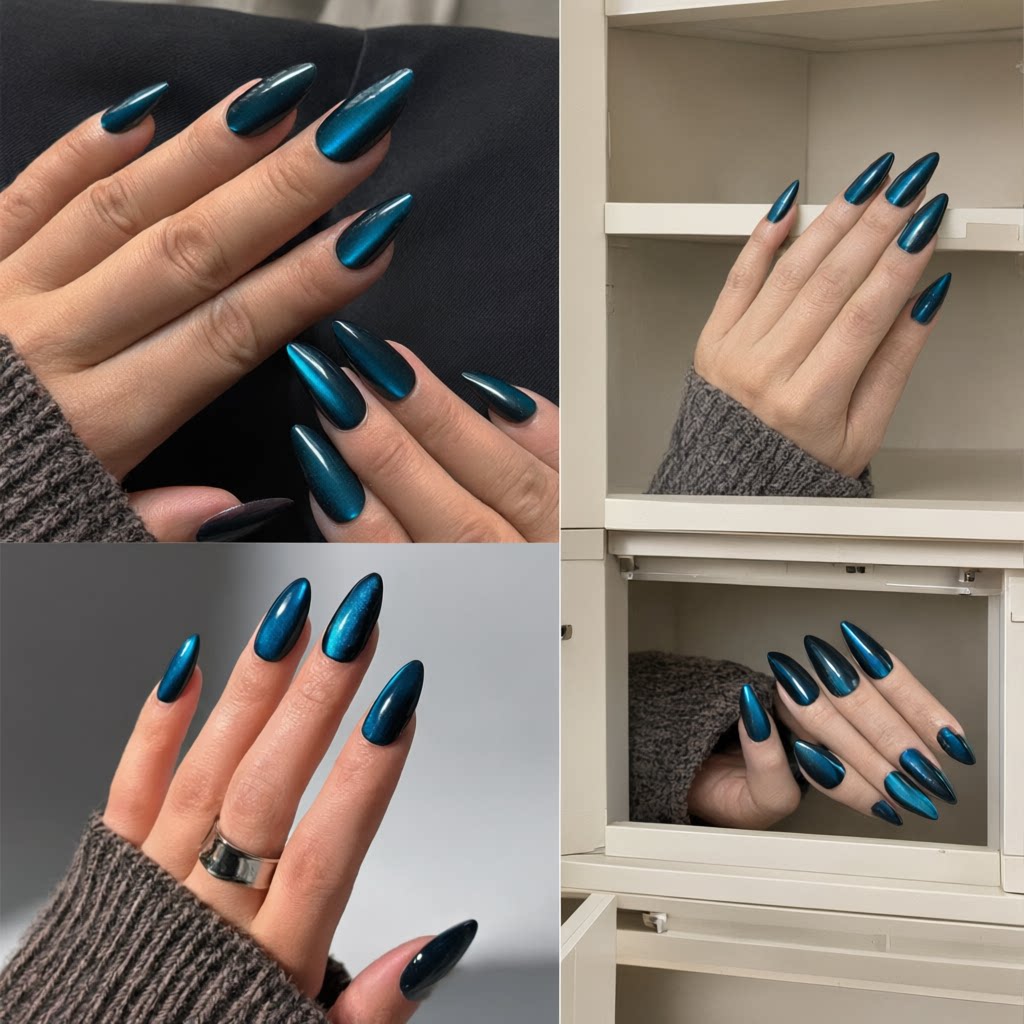 24Pcs Blue Sparkly Cat Eye Press On Nails, Summer Bestseller Skin Flattering Exquisite Almond Reusable False Nails for Women
