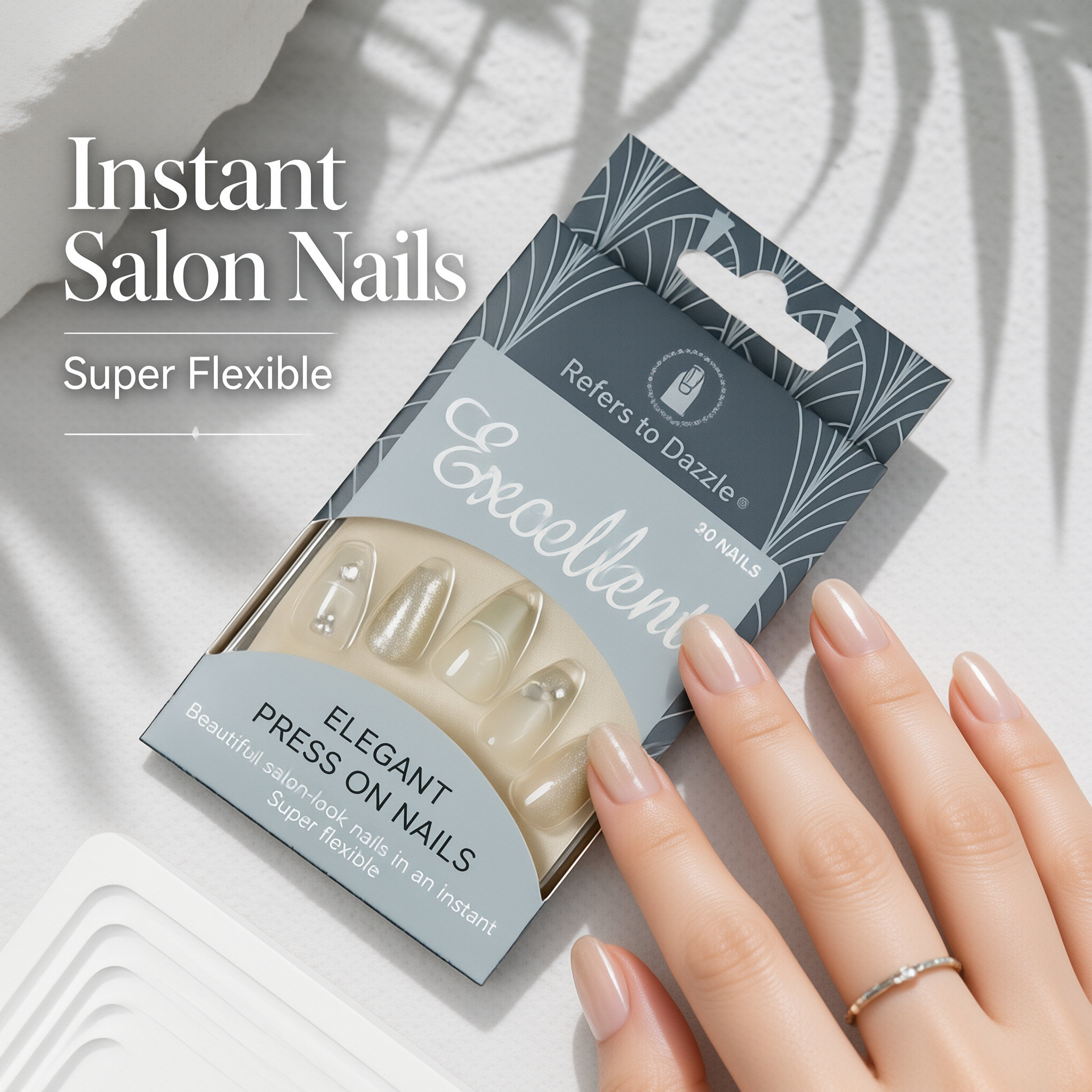 30Pcs Press-On False Nail Set, Boxed with Full Accessories, Long Coffin Shape Nail Tips, Rhinestone/Printed Design, Reusable view 6