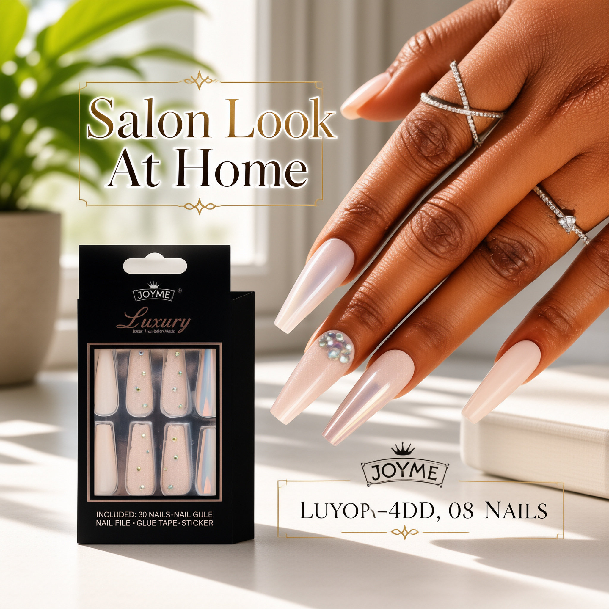 30Pcs Press-On False Nail Set, Boxed with Full Accessories, Long Coffin Shape Nail Tips, Rhinestone/Printed Design, Reusable view 4