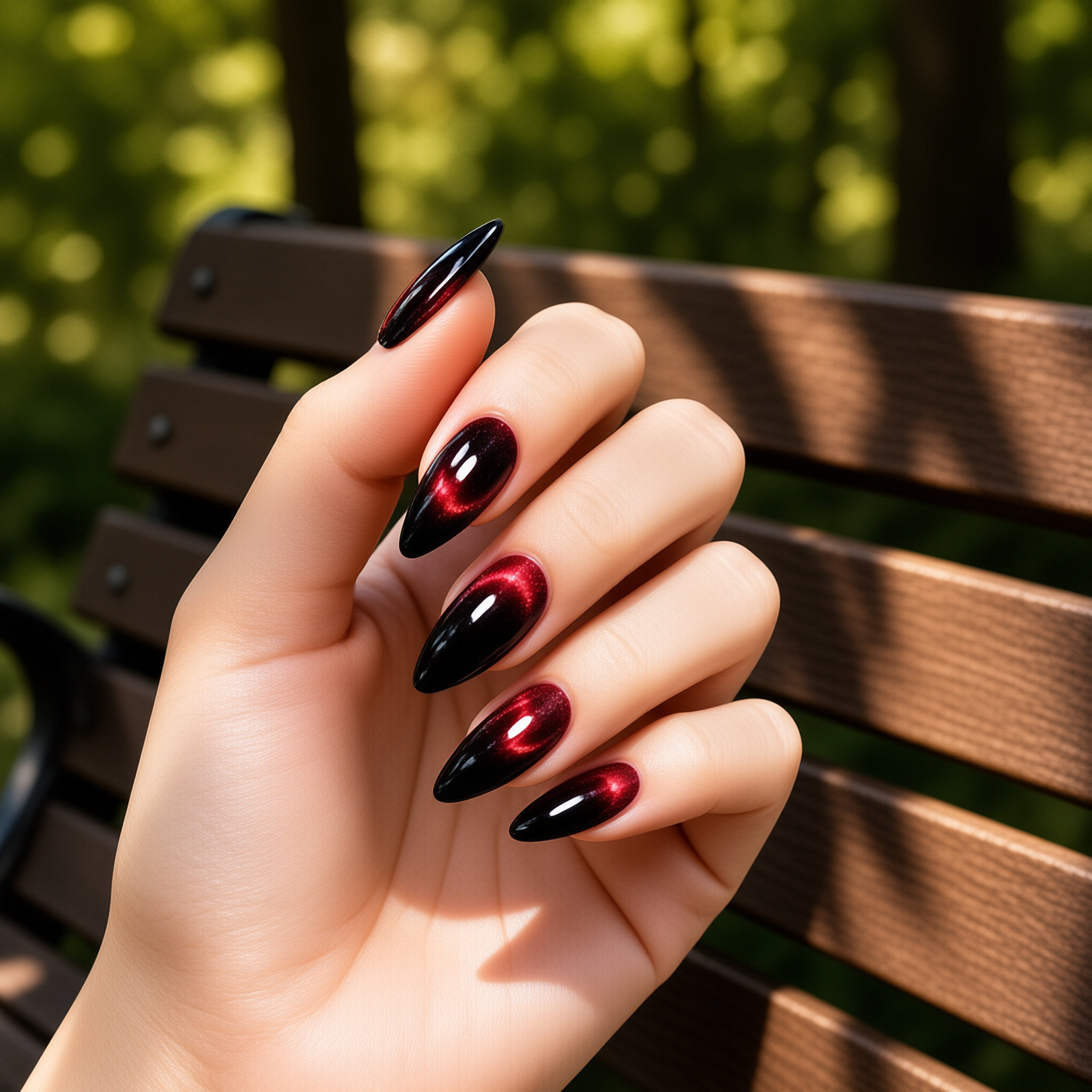 24Pcs New Fall Winter Black Red Smile Line Cat Eye Press On Nails, Sparkly Luxury Minimalist Medium Square False Nails for Women view 5