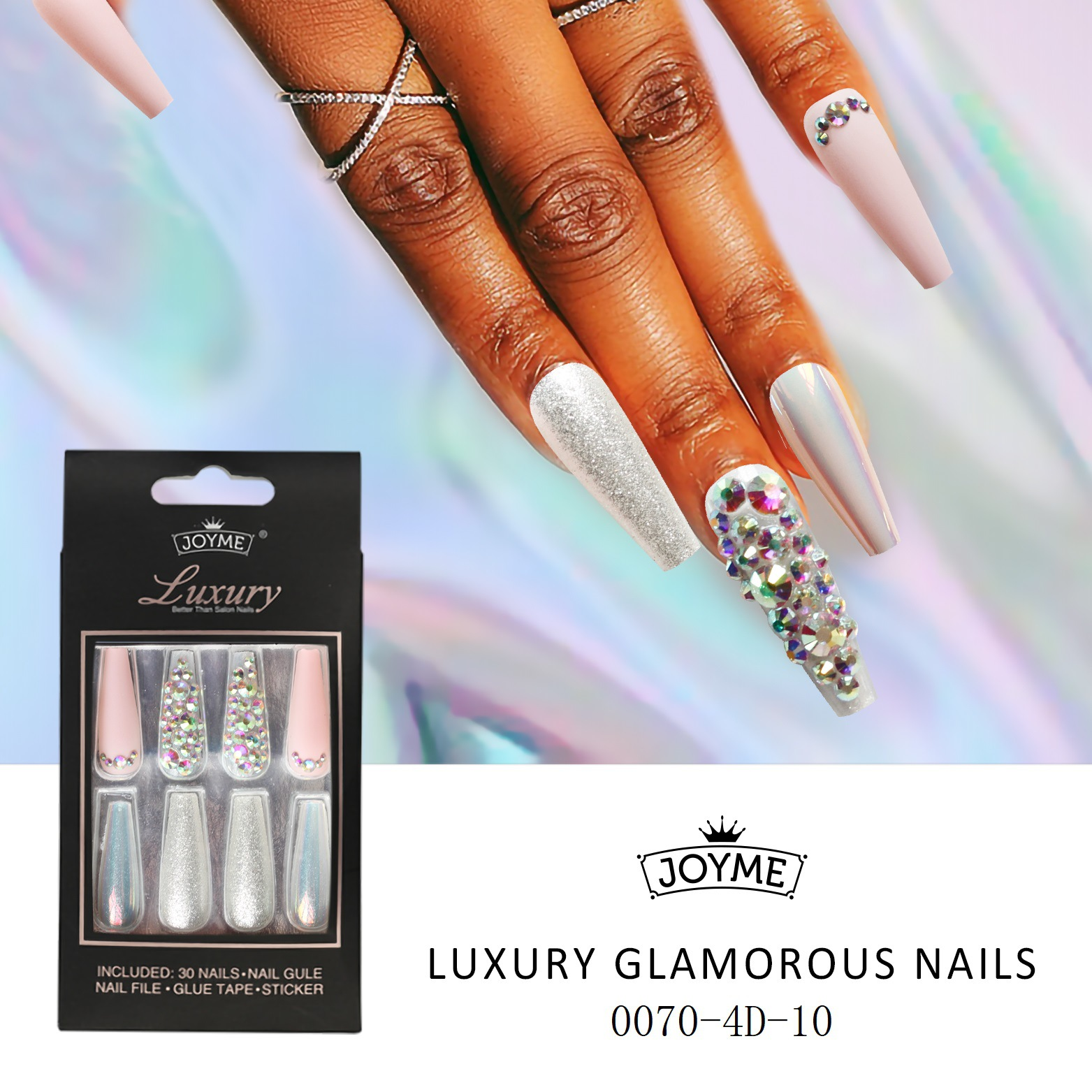 30Pcs Press-On False Nail Set, Boxed with Full Accessories, Long Coffin Shape Nail Tips, Rhinestone/Printed Design, Reusable view 5