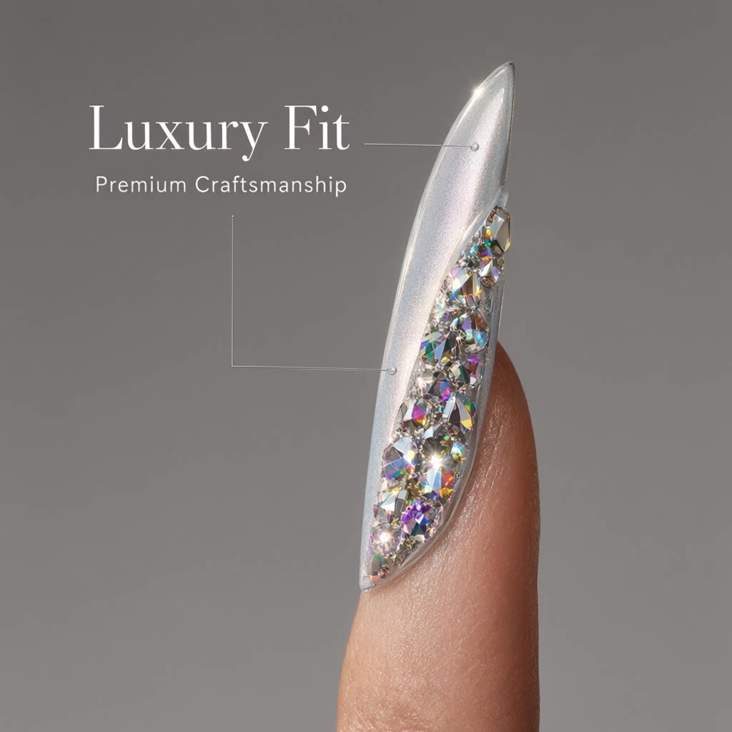 30Pcs Press-On False Nail Set, Boxed with Full Accessories, Long Coffin Shape Nail Tips, Rhinestone/Printed Design, Reusable view 3