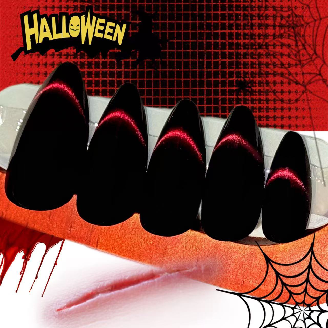 24Pcs New Fall Winter Black Red Smile Line Cat Eye Press On Nails, Sparkly Luxury Minimalist Medium Square False Nails for Women view 2