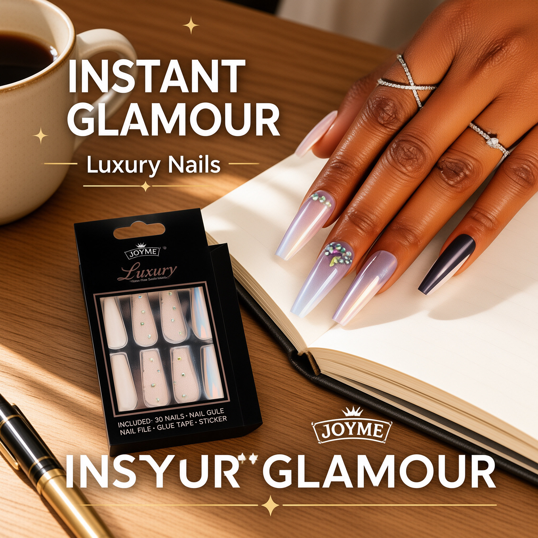 30Pcs Press-On False Nail Set, Boxed with Full Accessories, Long Coffin Shape Nail Tips, Rhinestone/Printed Design, Reusable view 2