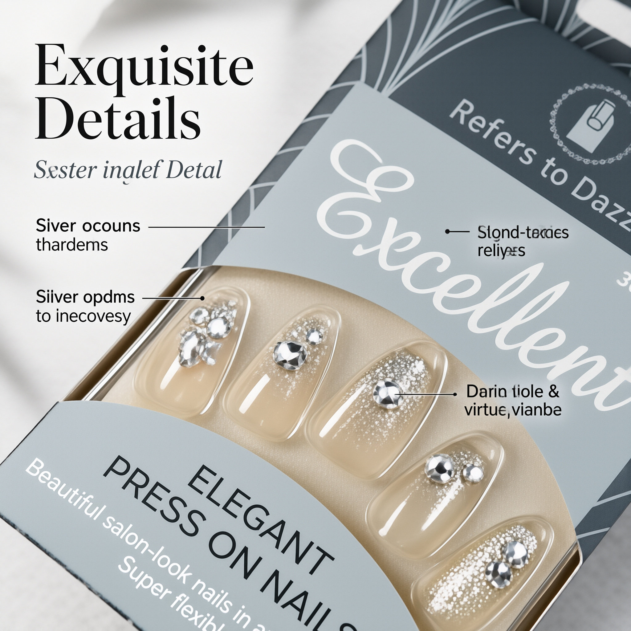 30Pcs Press-On False Nail Set, Boxed with Full Accessories, Long Coffin Shape Nail Tips, Rhinestone/Printed Design, Reusable view 4
