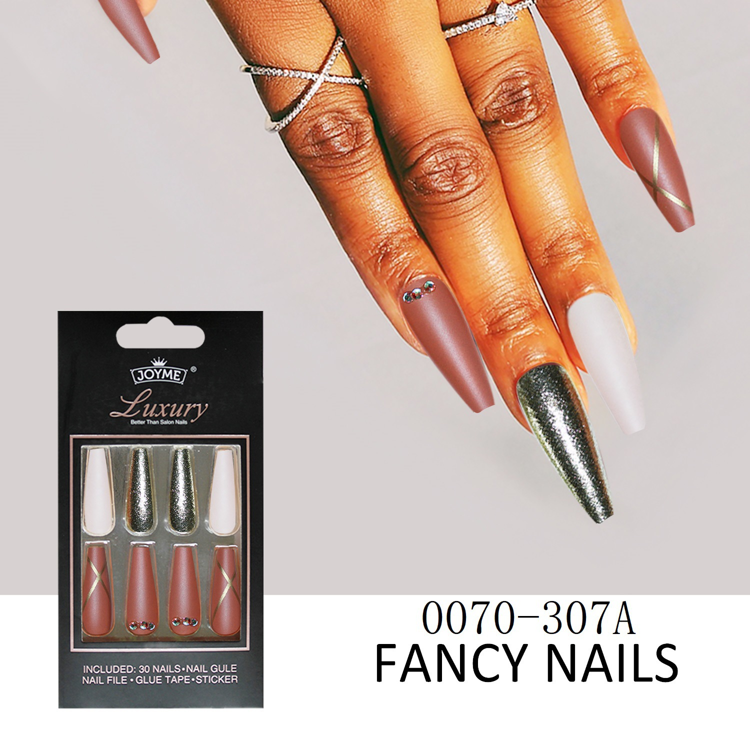 30Pcs Press-On False Nail Set, Boxed with Full Accessories, Long Coffin Shape Nail Tips, Rhinestone/Printed Design, Reusable view 6